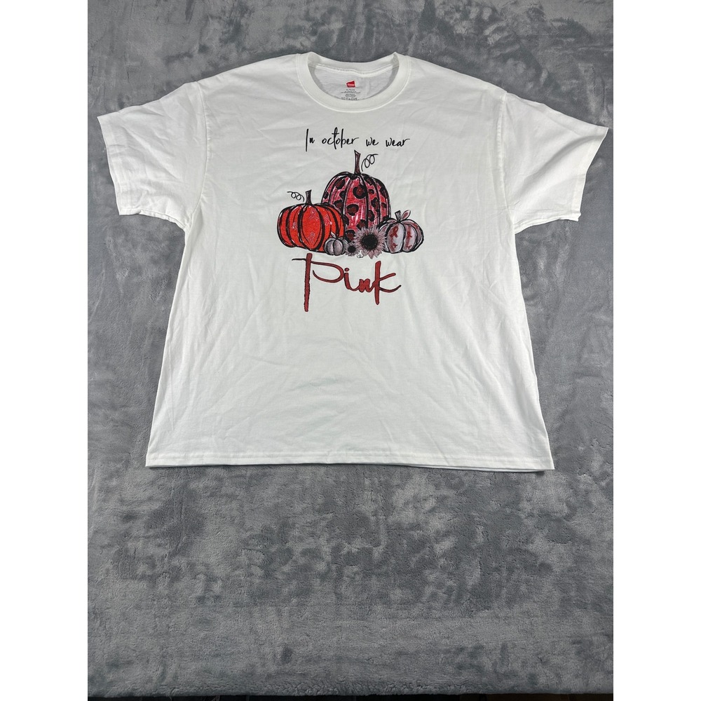 Hanes In October We Wear Pink Breast Cancer Awareness Pumpkin T-Shirt XL White